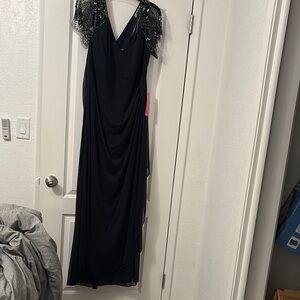 Black Flutter Sleeve V-Neck Maxi Gown Navy Blue
